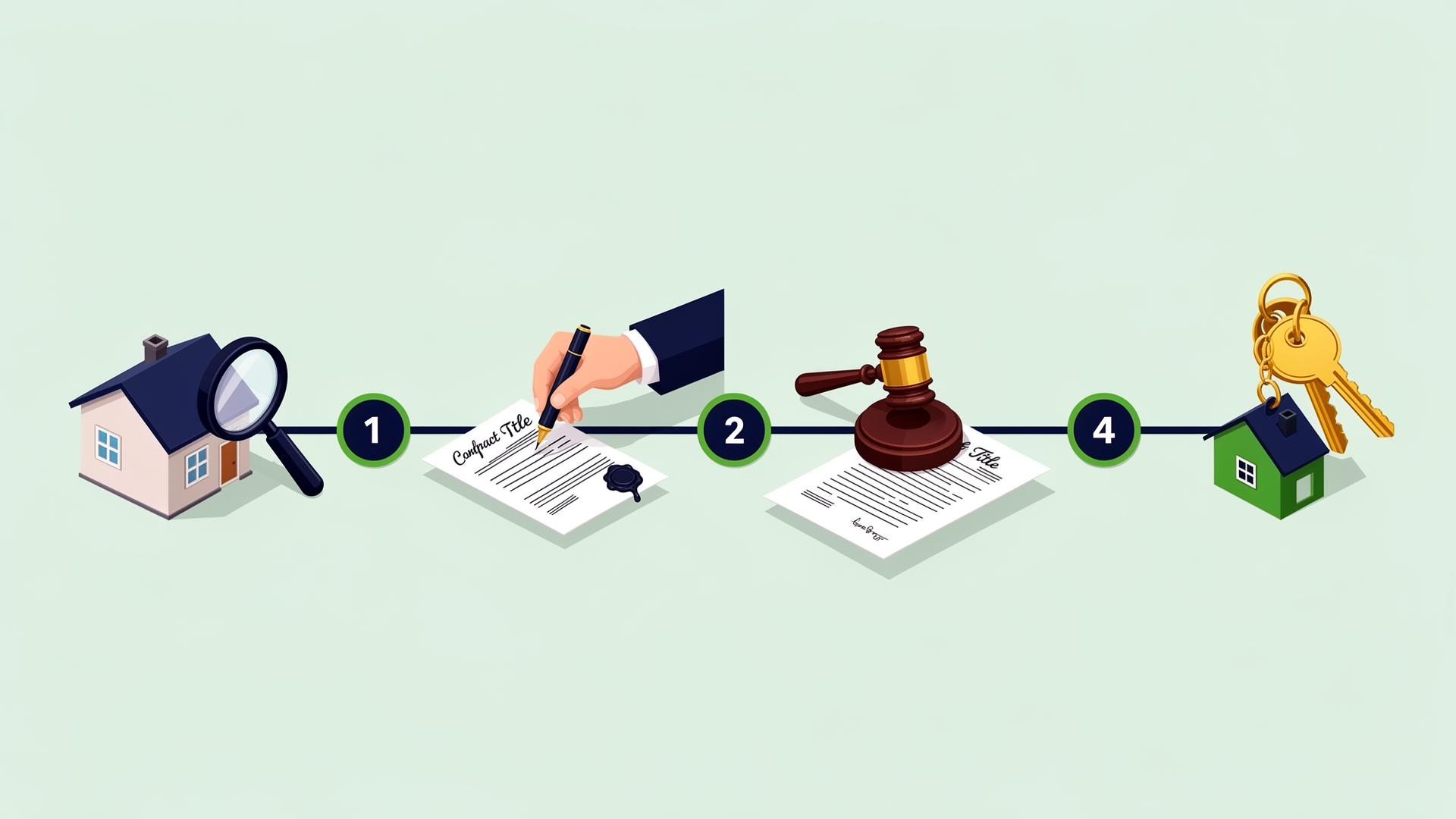 Infografía del proceso de compra: búsqueda, boleto de reserva, estudio de títulos y escritura.